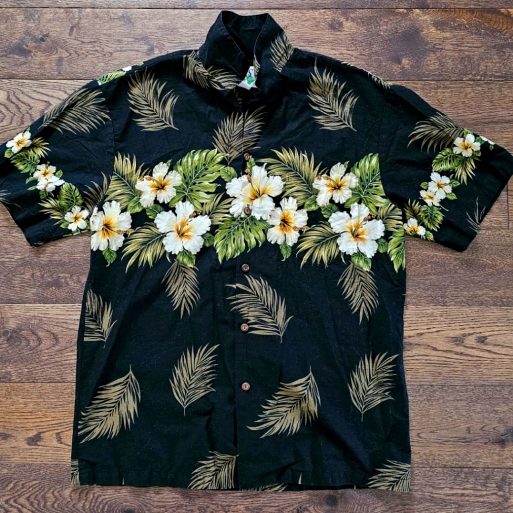 Vintage 90s Hawaiian Ky's Shirt Black Formal Floral Magnum P.I.